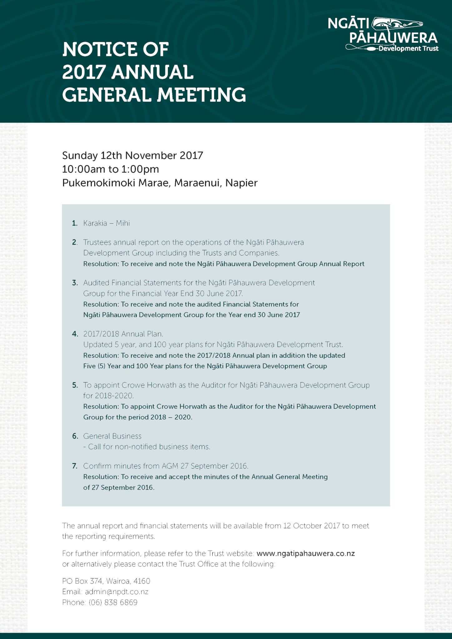 Ngati Pahauwera » Notice of 2017 Annual General Meeting